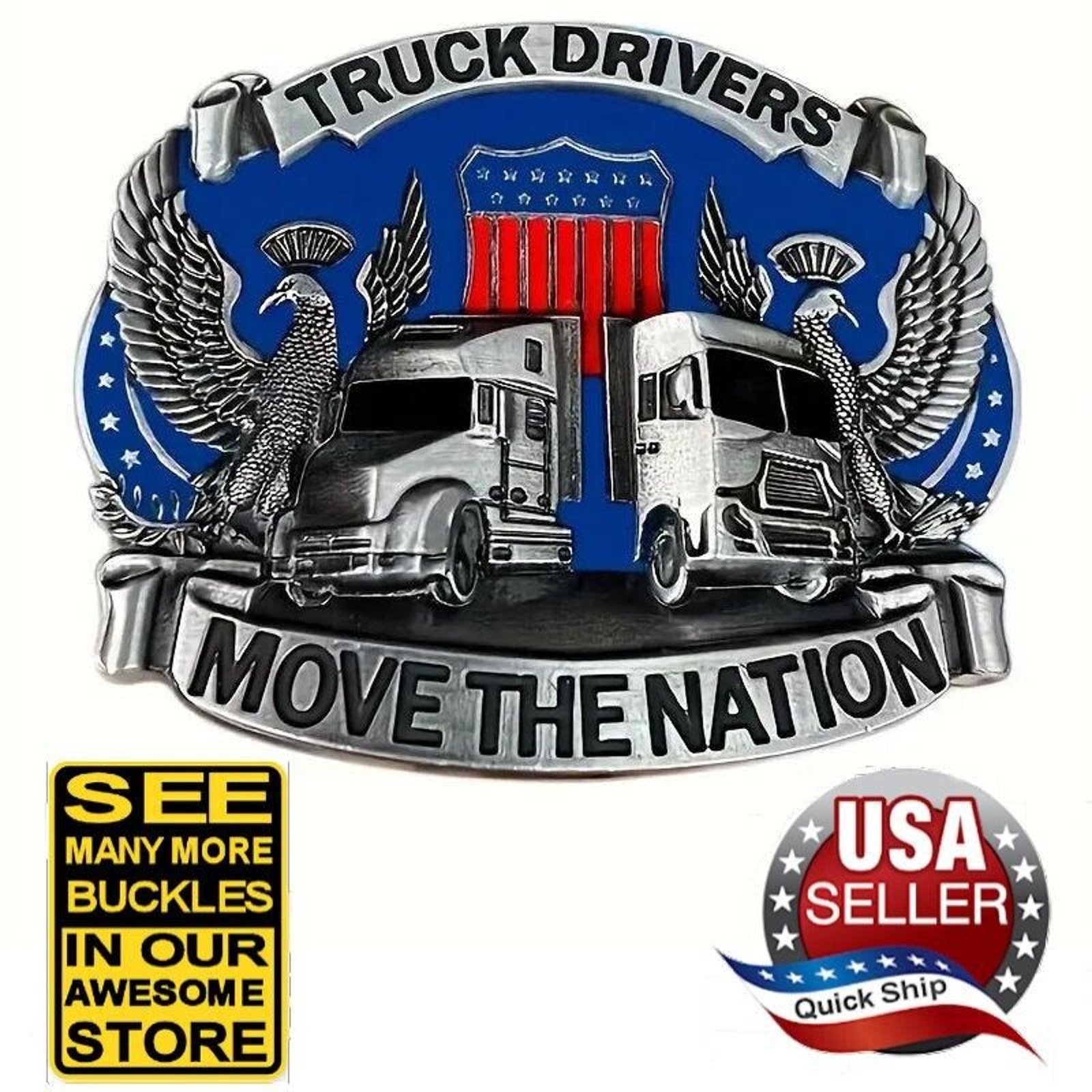 Two Eagles ‘Truckers Move The Nation’ 3d Cowboy Style Blue Enamel Belt Buckle